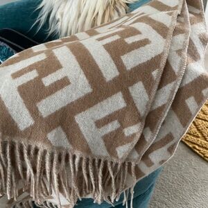 Fendi Tan and Cream Cashmere Logo Scarf